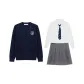 Indigo Sweater+Embroidery Badge+Long-Sleeved White Shirt+Gray Pleated Skirt+Blue White Stripes Tie