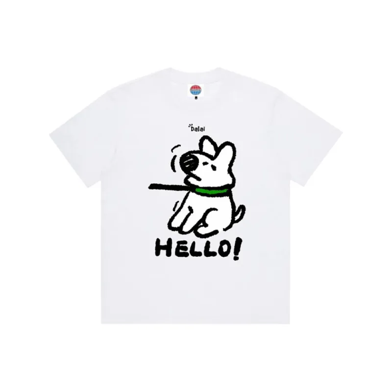 FNI American Trendy Texture Stylish Puppy Cartoon Print Loose Fit Casual Lazy Crew Neck T Shirt Unisex-0