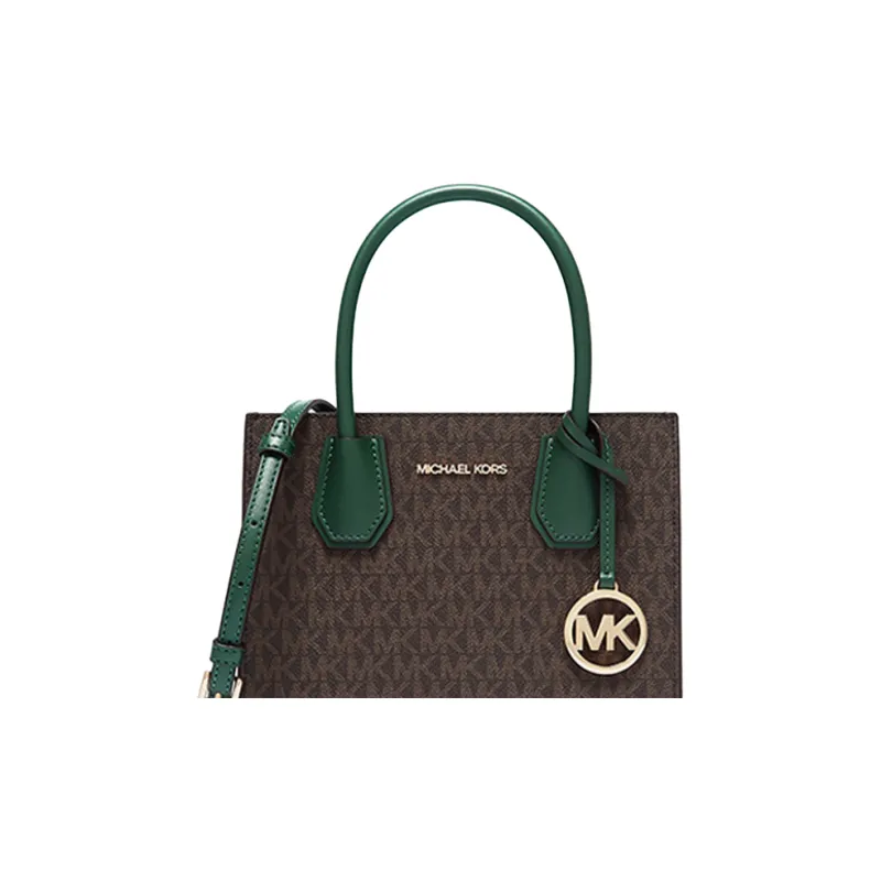 MICHAEL KORS Mercer Cow Leather Trunk Bag, Handbag, Shoulder Bag, Crossbody Bag Medium Size Women's Dark Brown & Green-2