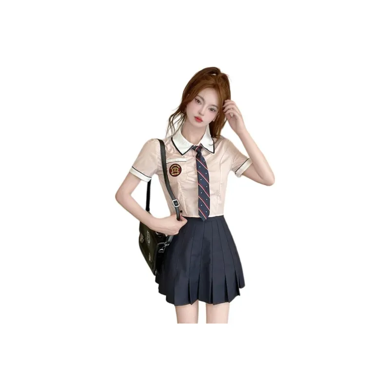 DGMZ Uniforms Women's Pink Top Tie Blue Skirt Set-0