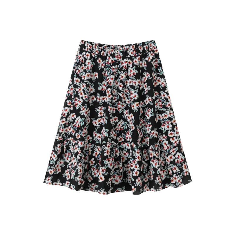 H-YXIANG Casual Long Skirts Women's Black Background With Flowers-0