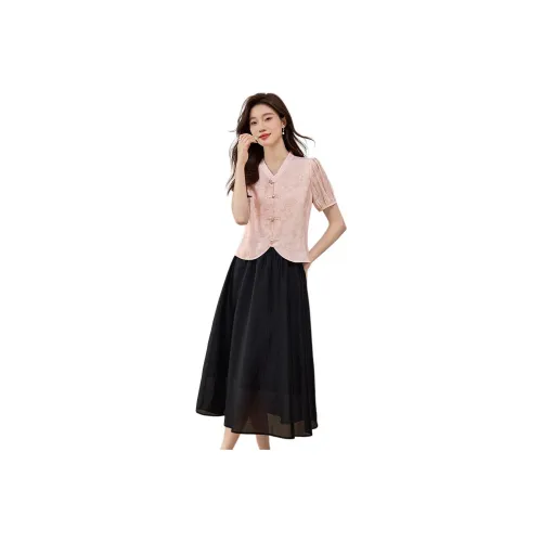 SLLSKY Two Piece Skirt Sets Women's Set Pastel Pink+Black