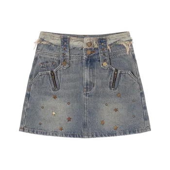 LA CRAWFISH Denim Short Skirts Women's Vintage Denim Blue