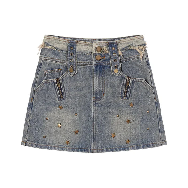 LA CRAWFISH Denim Short Skirts Women's Vintage Denim Blue-0