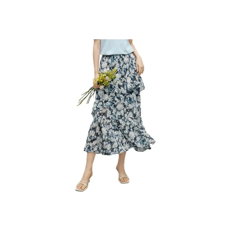Hopeshow Casual Long Skirt Women's Blue With Floral-0