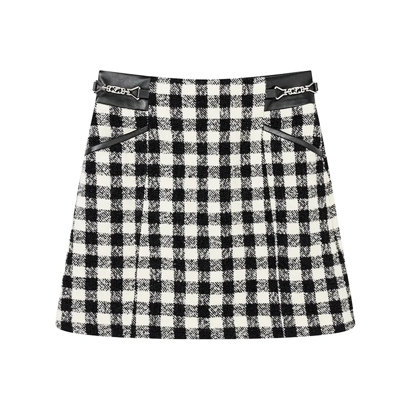 Yu Qianwen Casual Short Skirts Women's Black White Plaid-0