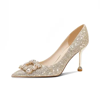 Crelinkxlat Pointed Toe Luxury Style Rhinestone Square Buckle Slim Heel High Heels Women's