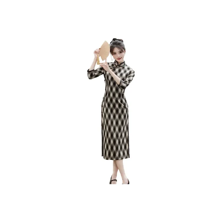 Red Colored Clothes Cheongsam Women's Black Apricot-0