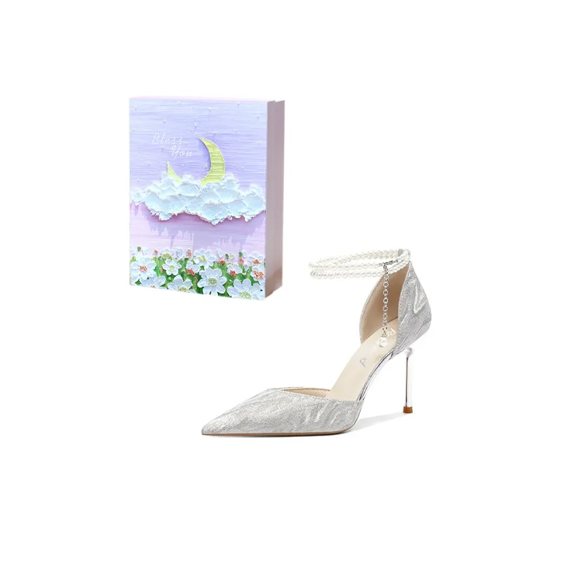 ROBINHOOD Castle 3D Box Slim Heel High Heels 8cm Women's Silver-4