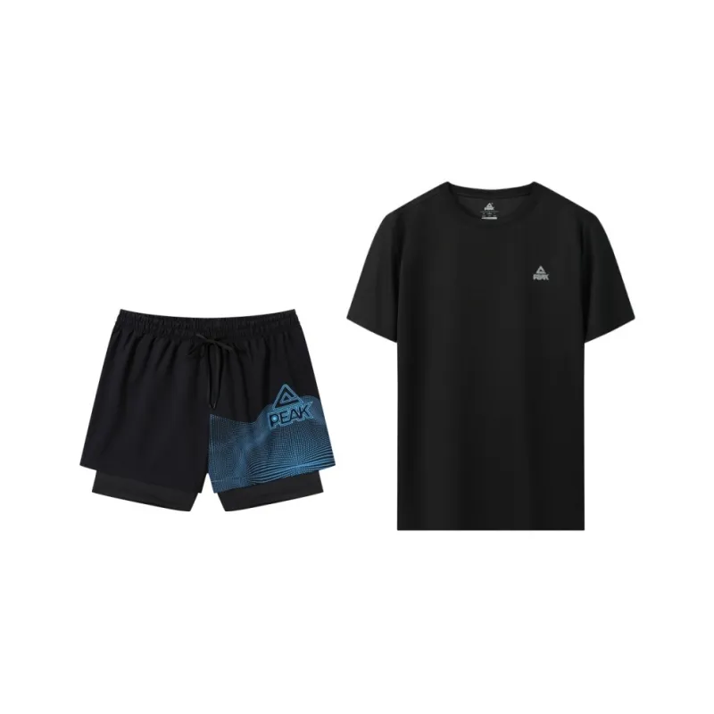 PEAK Casual Sportswear Unisex White Short Sleeved+Black Blue Shorts-2