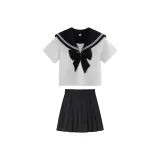 Black Collar Short-Sleeved Shirt+Black Short Skirt+Black Bowknot