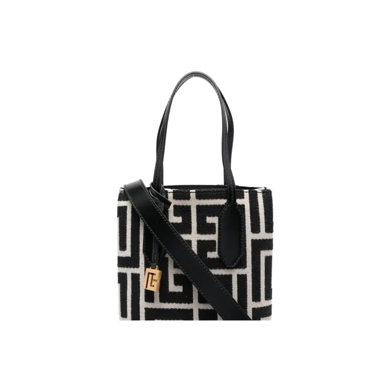 BALMAIN Jacquard Calfskin Trim Bucket Bag, Shoulder Bag, Crossbody Bag Women's Beige/Black-3