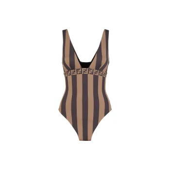 FENDI Striped V Neck Swimsuit