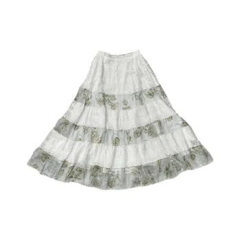DeleteEX Casual Long Skirts Women's White/Green Print Patchwork