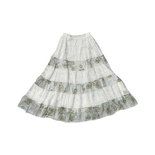 DeleteEX Casual Long Skirts Women's White/Green Print Patchwork