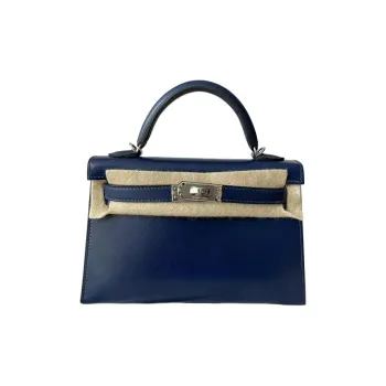 HERMES Mini Kelly 2nd Generation Cow Leather Handbag Mini Women's 73 Bleu Saphir Sapphire Blue