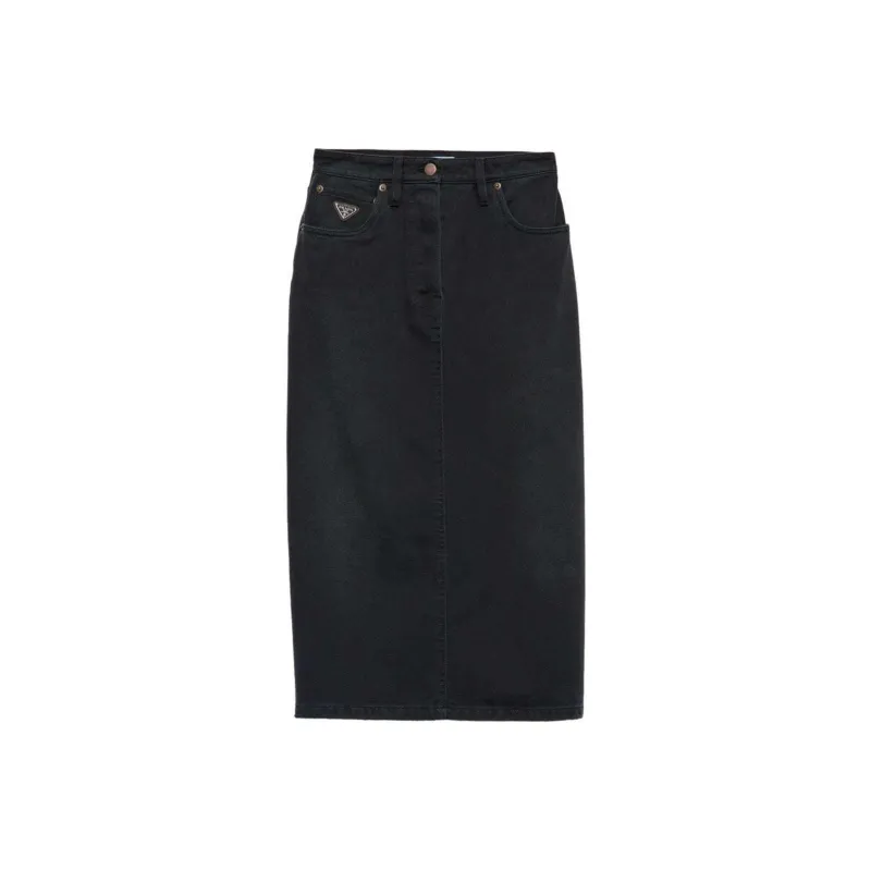 PRADA Logo Patch Slit Denim Midi Skirt-0