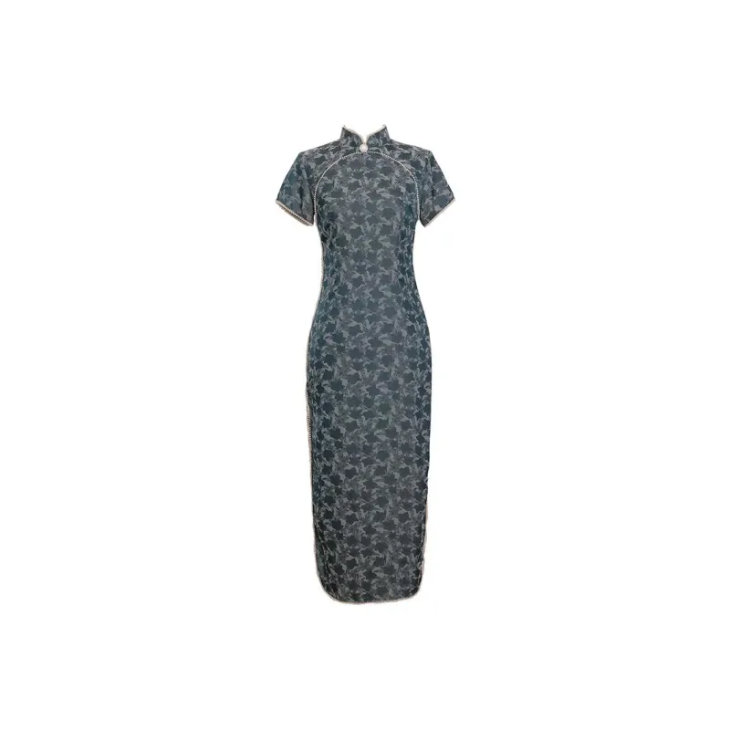 Red Colored Clothes Cheongsam Women's Leaf Blue-0