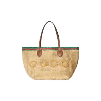 GUCCI Raffia Tote Bag, Shopping Bag, Handbag Medium Size Women's Light Brown