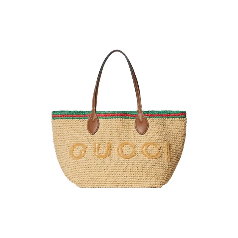 GUCCI Raffia Tote Bag, Shopping Bag, Handbag Medium Size Women's Light Brown-0