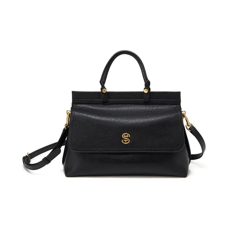 Simedin Cow Leather One Shoulder Handbag Women's Ecru/Deep Black/Caramel Brown-7