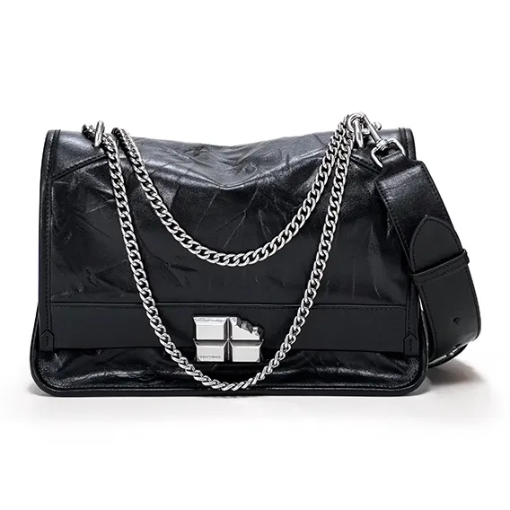 Simedin Top Grain Cow Leather Shoulder Bag Small Size Large Size Women's Deep Black-0