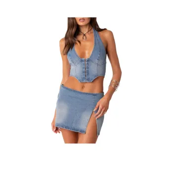 Edikted Katrina Lace Up Denim Corset Crop Top Women's