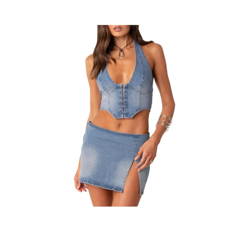 Edikted Katrina Lace Up Denim Corset Crop Top Women's-0