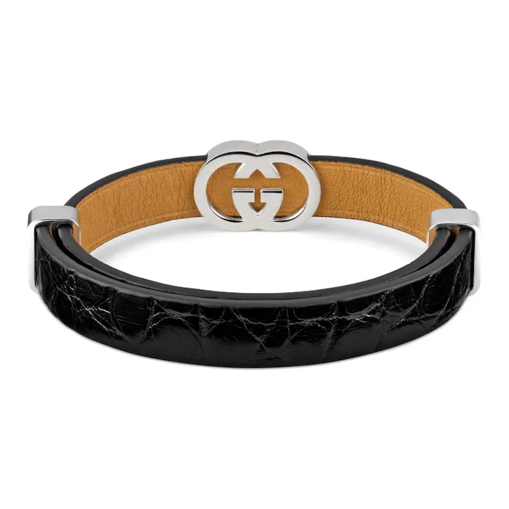 GUCCI Crocodile Leather Wristbands Men's Black-2