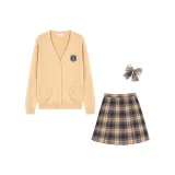 Light Camel 100% cotton Sweater Cardigan+Roasted Chestnut Check Skirt+Matching Check Bow Ties