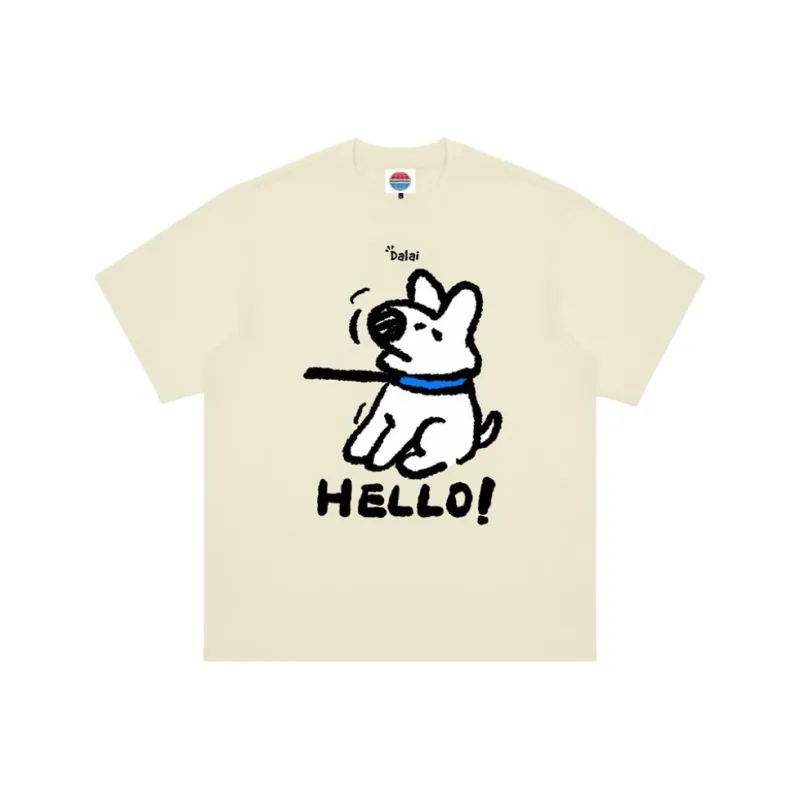 FNI American Trendy Texture Stylish Puppy Cartoon Print Loose Fit Casual Lazy Crew Neck T Shirt Unisex-4