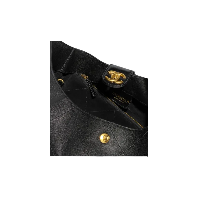 CHANEL Lambskin HOBO Bag, Underarm, Hippie Style Handbag, Shoulder Bag Medium Size Women's Black-3