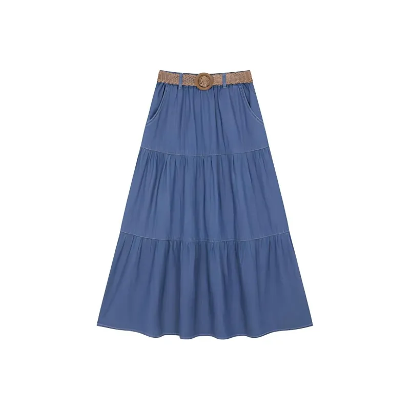Mo Han Yi Mei Casual Long Skirt Women's Denim Blue-0