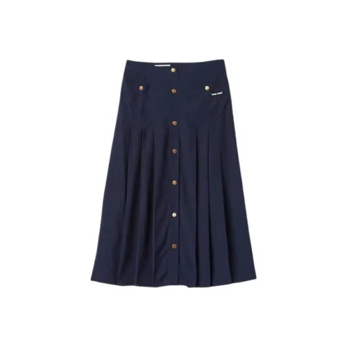 MIU MIU Long Pleated Marocain Skirt Casual Long Skirts Women's Blue