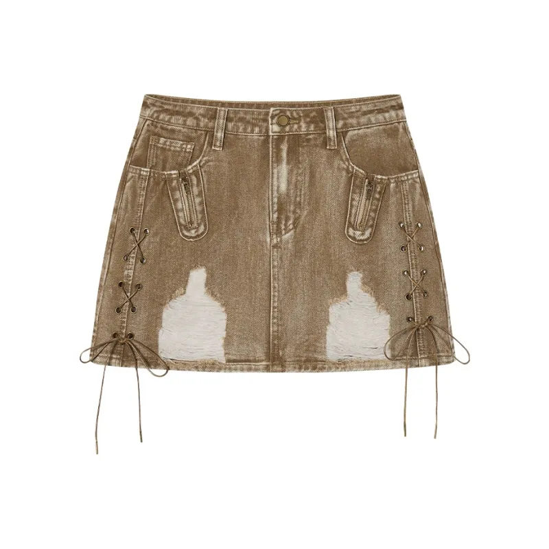 EPTISON WOMAN Denim Short Skirts Women's Vintage Brown Yellow-0