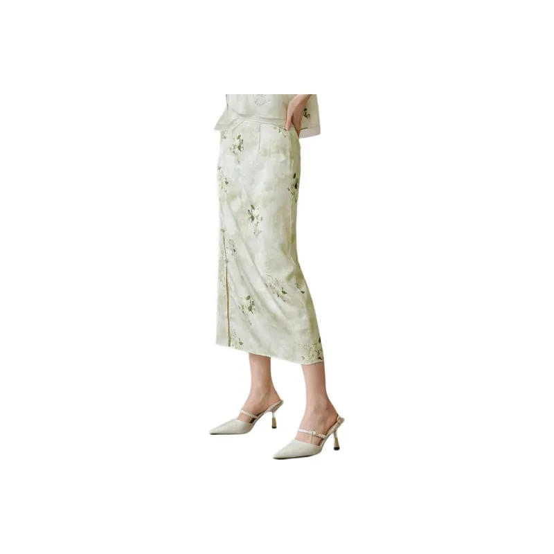 Hopeshow Casual Long Skirts Women's Green Floral-0