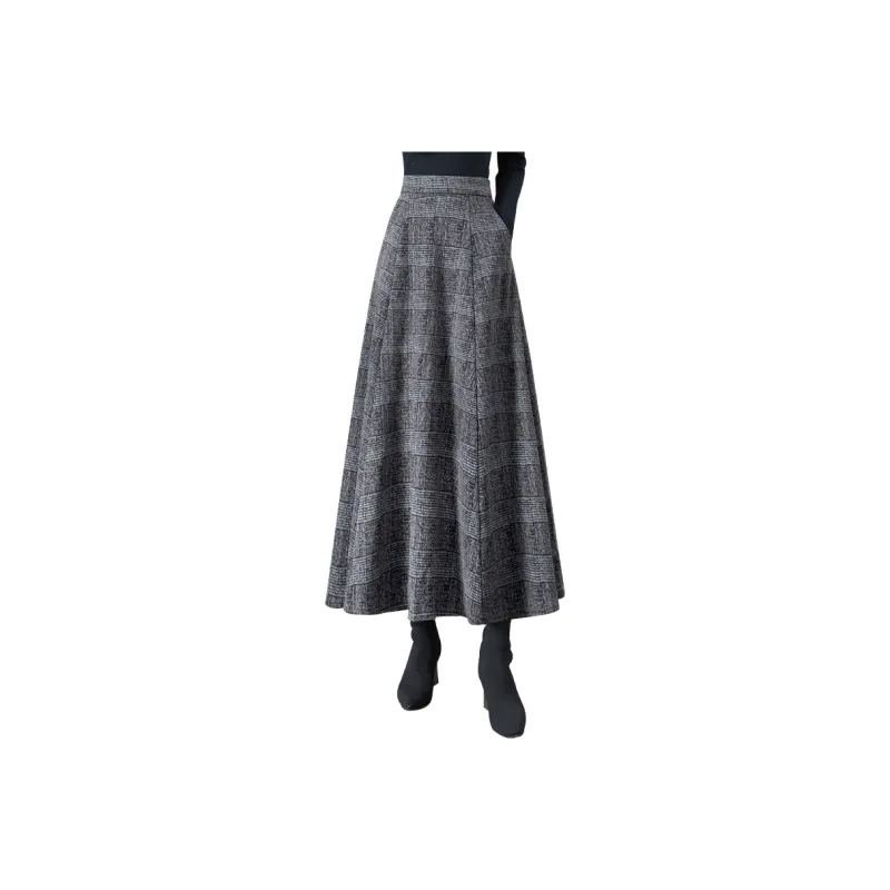 TOUCH Casual Long Skirts Women's Black Gray Plaid-0