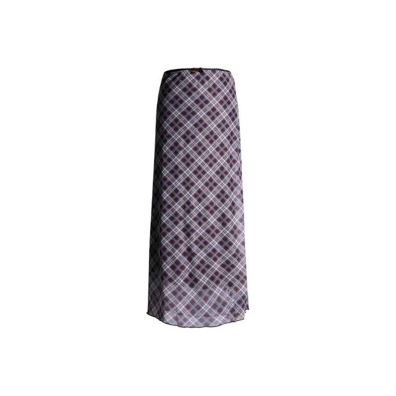 FHMY Casual Long Skirts Women's Blue And Green Plaid-0