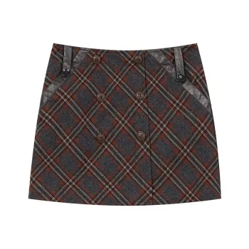 ELF SACK Vintage Plaid Deconstruction Double Breasted Skirt Women's