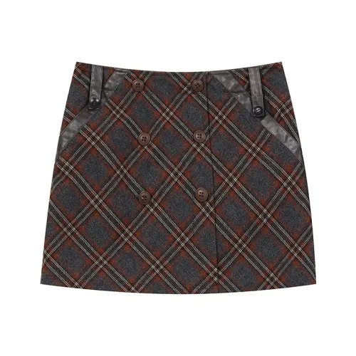 ELF SACK Vintage Plaid Deconstruction Double Breasted Skirt Women's