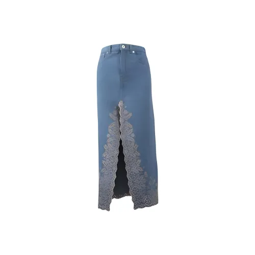 Paco Rabanne Front Slit Embroidered Denim Skirt