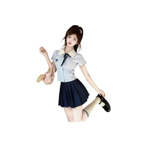 DGMZ Uniforms Women's Blue Top With Bow Tie And Blue Skirt Set