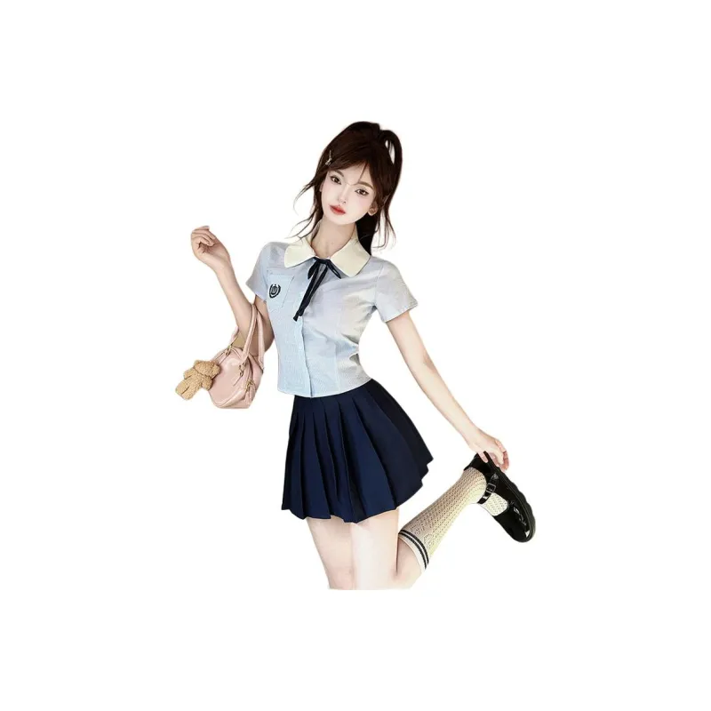 DGMZ Uniforms Women's Blue Top+Bow Tie+Blue Skirt Set-0