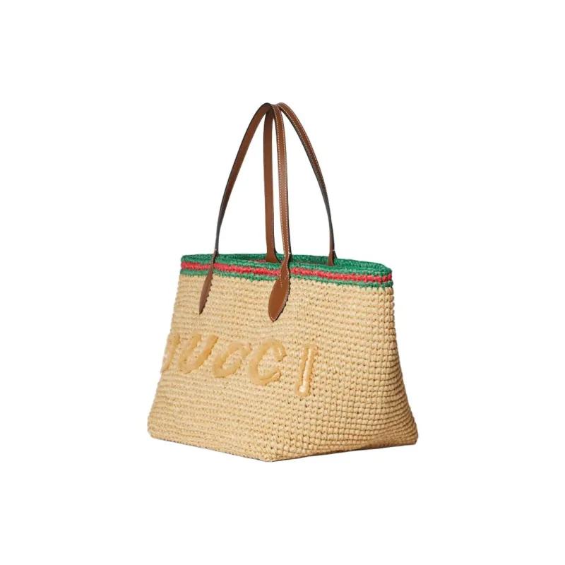 GUCCI Raffia Tote Bag, Shopping Bag, Handbag Medium Size Women's Light Brown-1