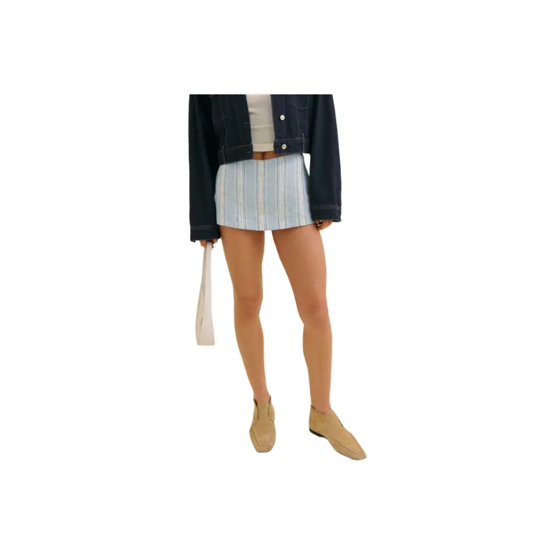 REFORMATION Mia Low Waist Linen Skort Casual Short Skirts Women's Blue White Stripes-0