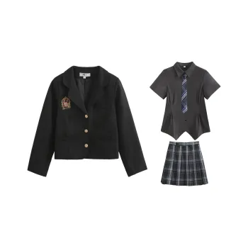 SHENBEI JK Uniforms Women's Thorn Rose Business Suit+Cinched Waist Gray Short-Sleeved+Dark Night Skirt+Tie