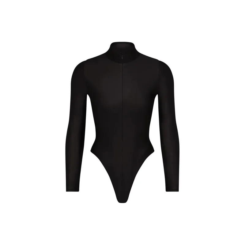 SKIMS SHINE SWIM ZIP FRONT LONG SLEEVE ONE PIECE One-piece Swimsuit Women's ONYX/Onyx-0