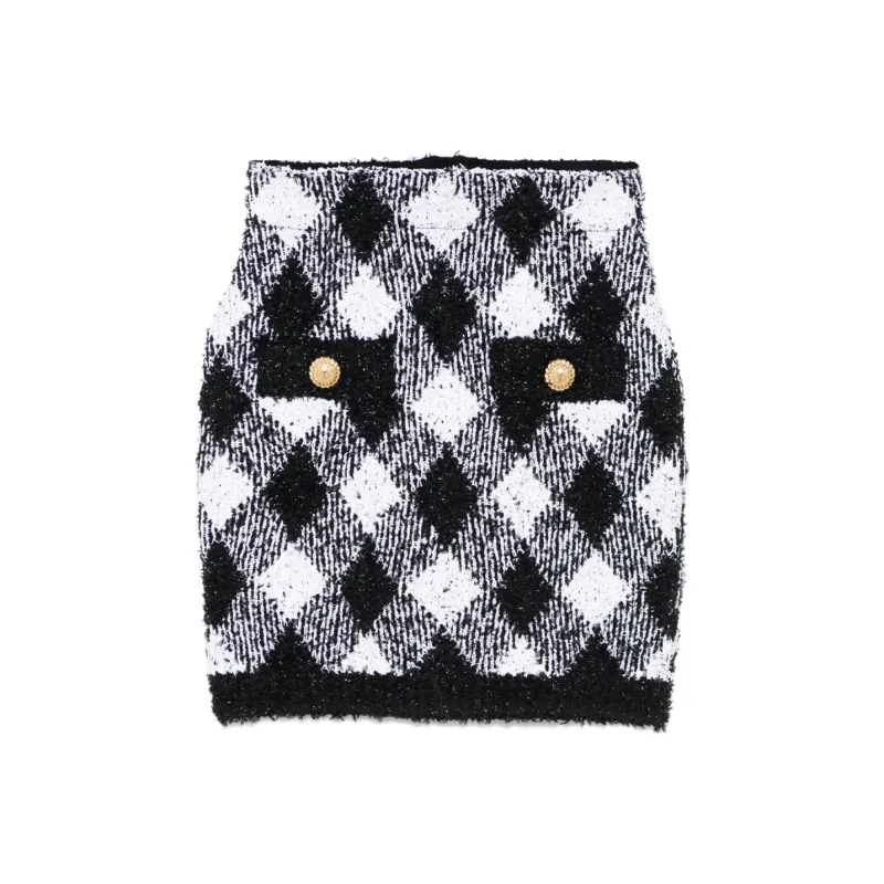 BALMAIN Gingham Tweed Mini Skirt-0