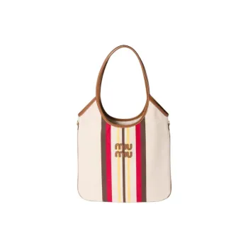 MIU MIU Ivy Leather Paneled Canvas Tote Bag, Shopping Bag, Portable Canvas Bag, Shoulder Bag Women's Natural