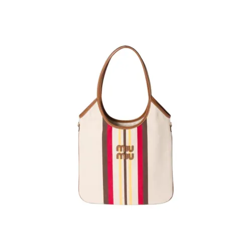 MIU MIU Ivy Leather Paneled Canvas Tote Bag, Shopping Bag, Portable Canvas Bag, Shoulder Bag Women's Natural
